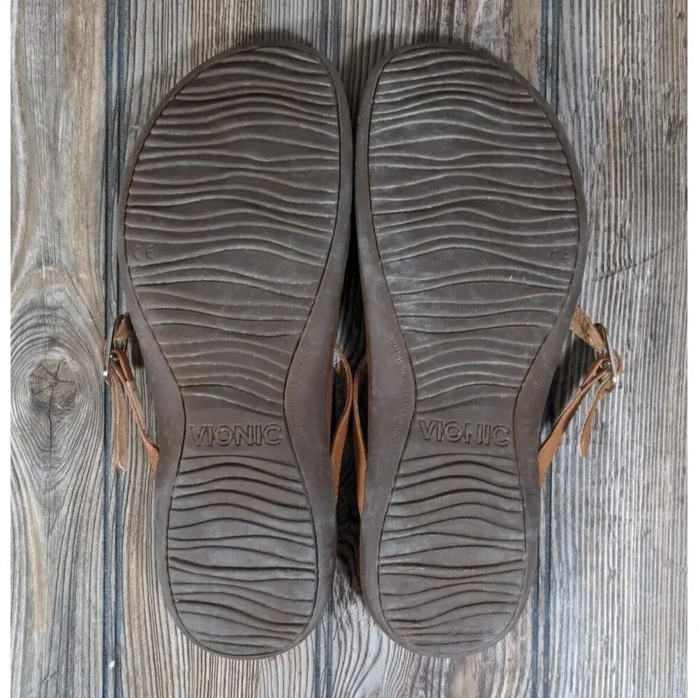 Vionic 340 Ricci Women Thong Sandal Flip Flop Brown‎ Leather Beaded Size 10